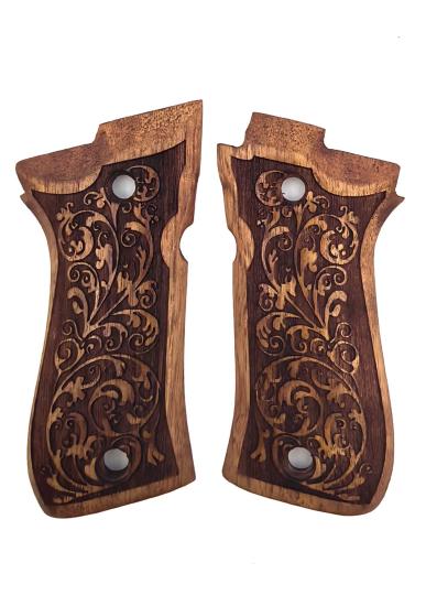 Beretta F81 Uyumlu Muadil Ahşap Kabze Takımı Floral Desenli Model 002